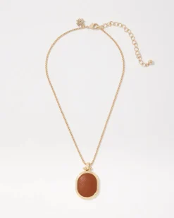 Cognac Textured Leather Pendant Necklace*White House Black Market New