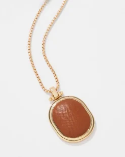 Cognac Textured Leather Pendant Necklace*White House Black Market New