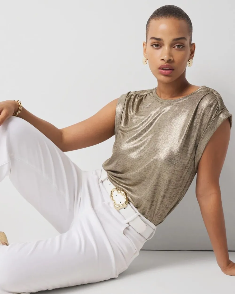 Gold Foil Braided Shoulder Tee*White House Black Market Sale