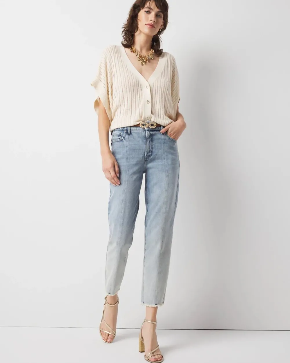 High-Rise Raw Hem Pintuck Straight Jean with Slit*White House Black Market Clearance