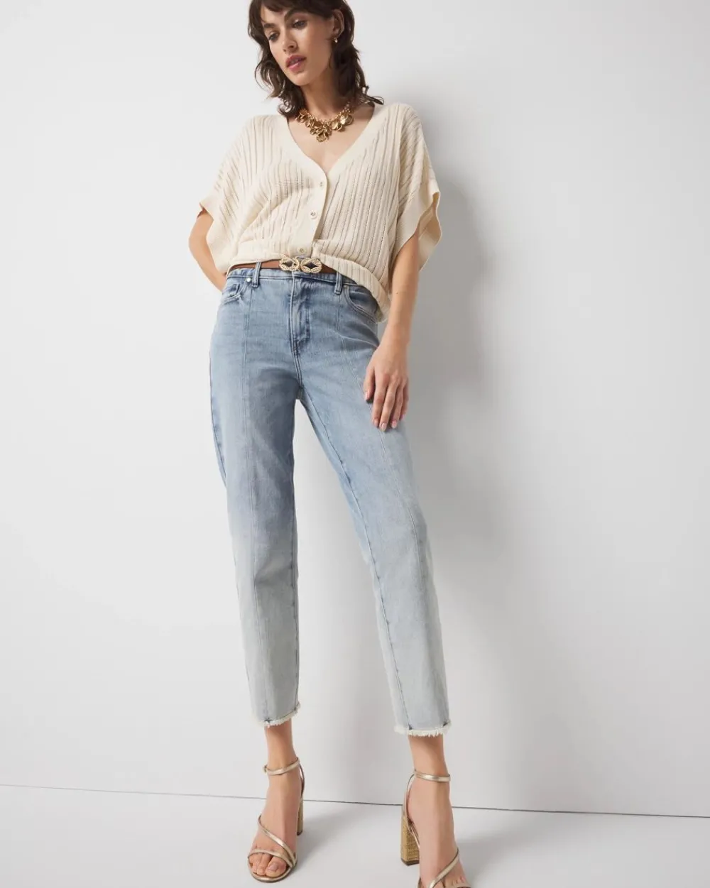 High-Rise Raw Hem Pintuck Straight Jean with Slit*White House Black Market Clearance