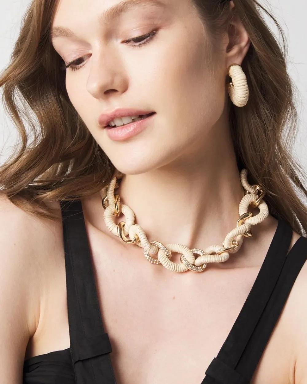 Natural Raffia + Crystal Link Necklace*White House Black Market Sale