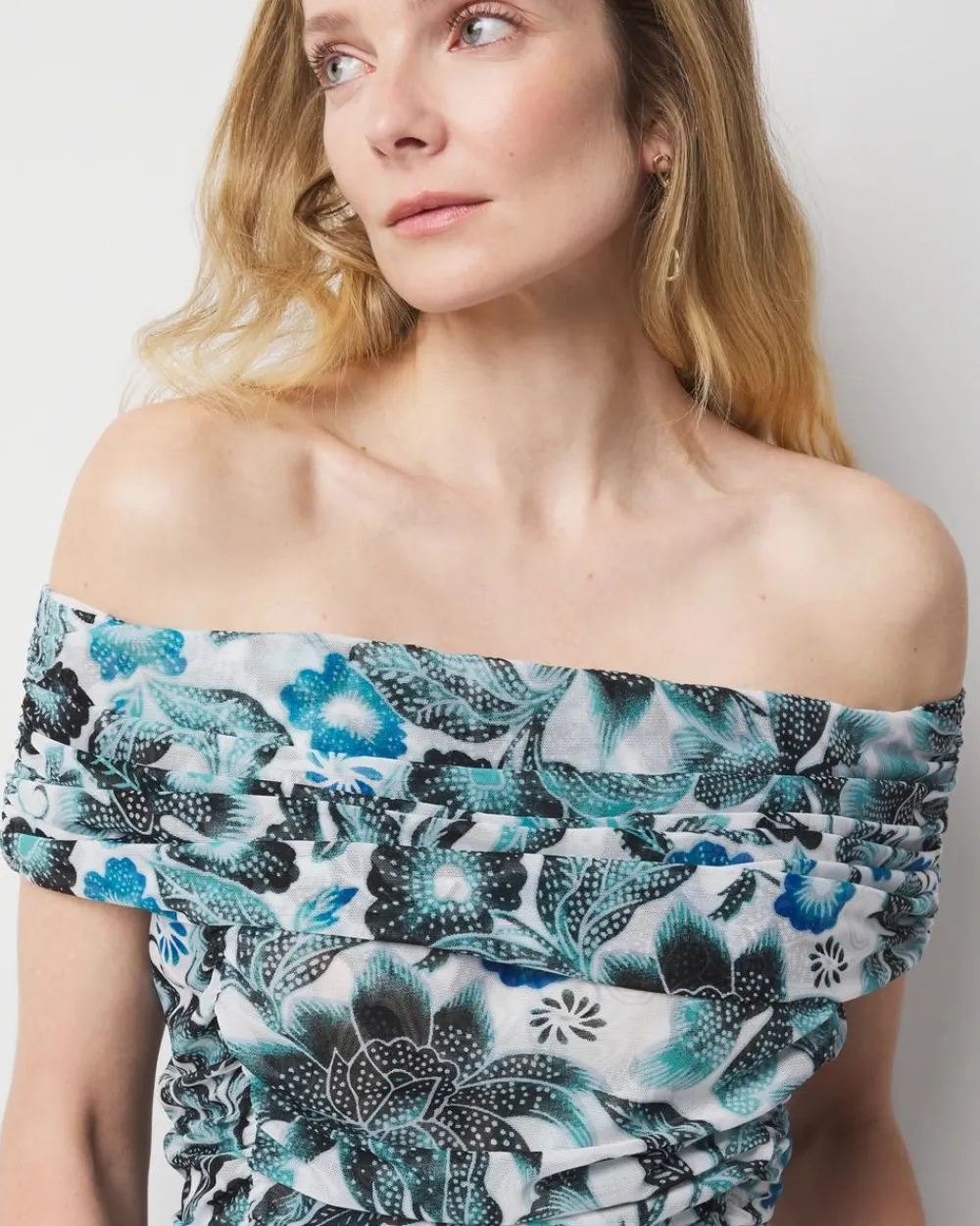 Off-the-Shoulder Ruched Mesh Top*White House Black Market Online