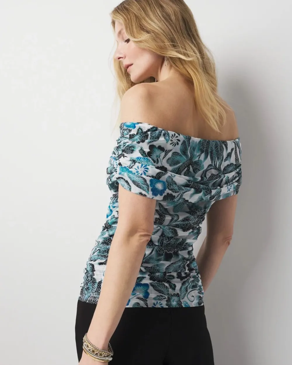 Off-the-Shoulder Ruched Mesh Top*White House Black Market Online