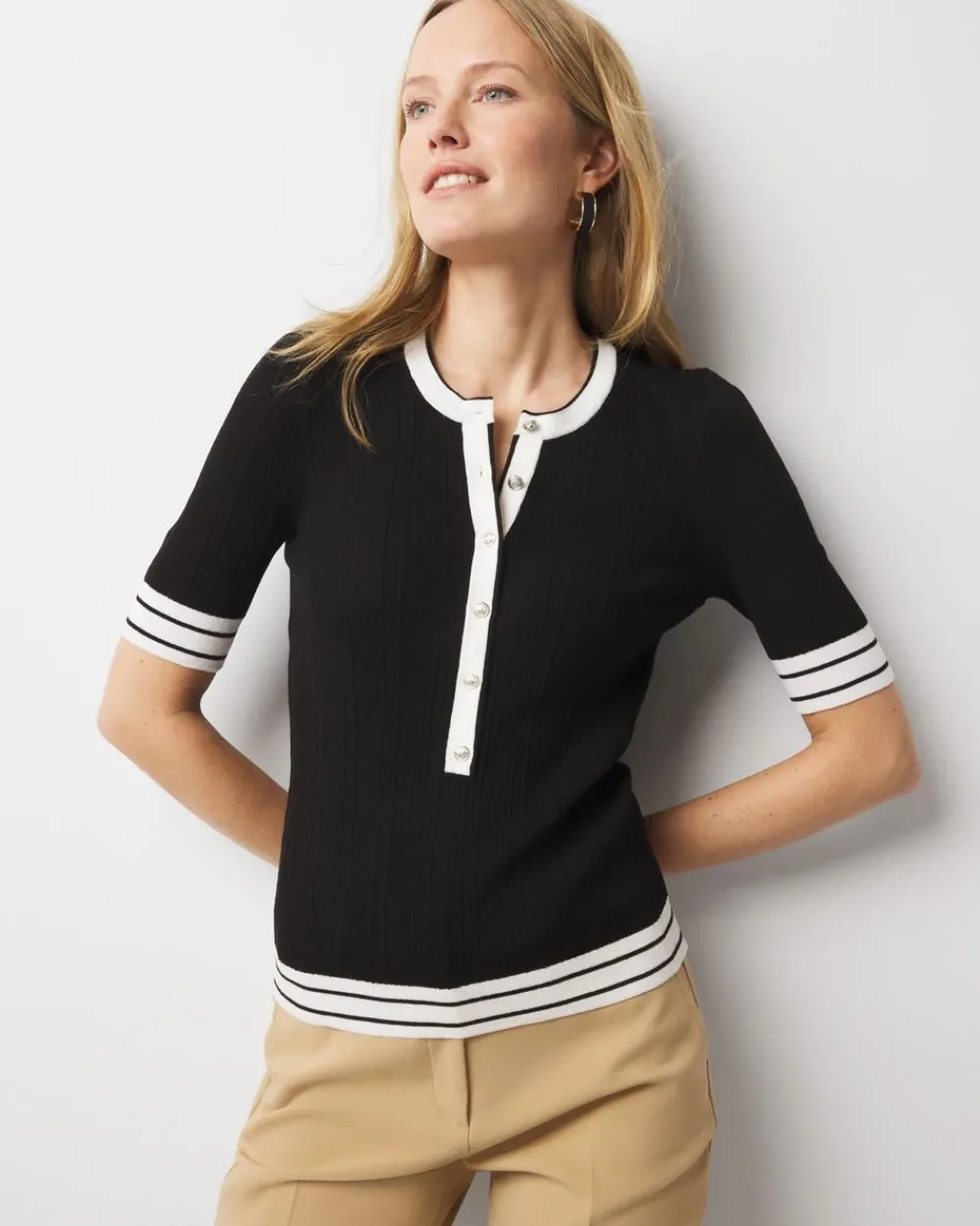 Petite Elbow-Sleeve Henley Sweater*White House Black Market Discount