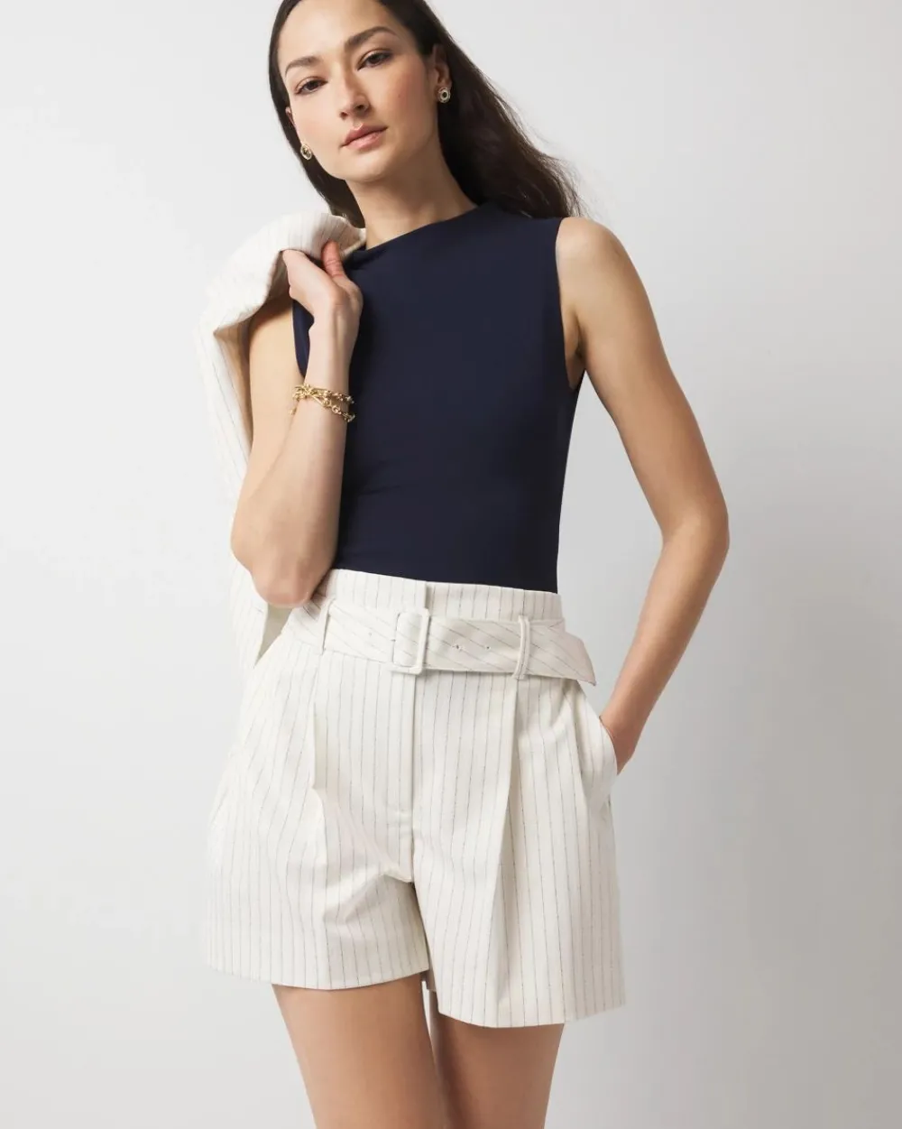 Petite Extra High-Rise Pinstripe Belted Short*White House Black Market Clearance