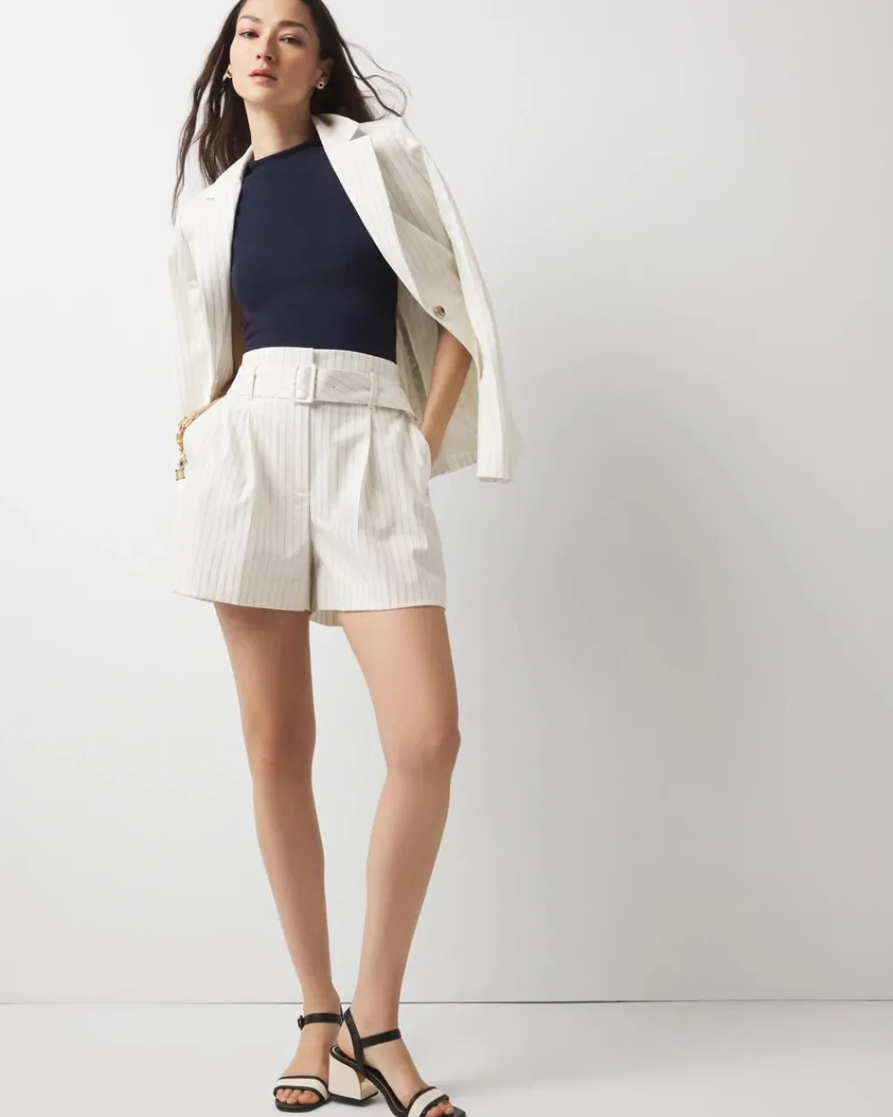 Petite Extra High-Rise Pinstripe Belted Short*White House Black Market Clearance
