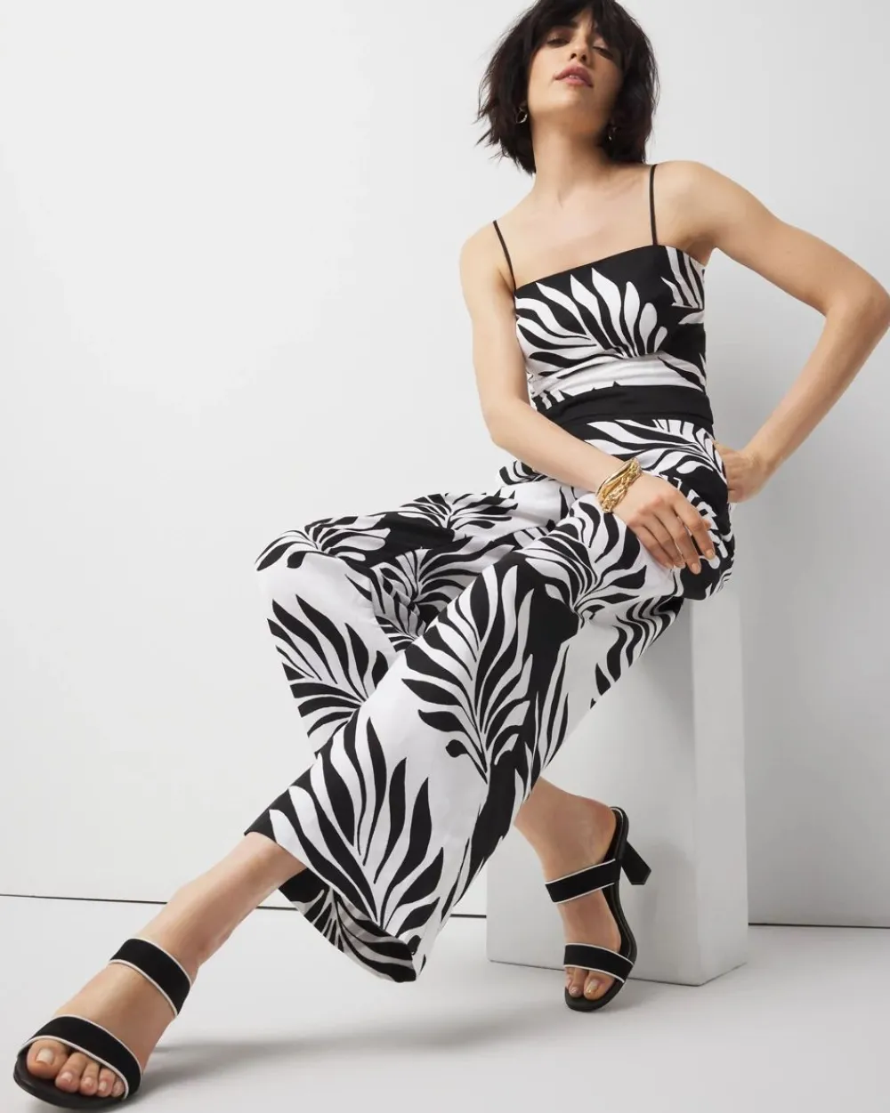 Petite Linen-Blend Palm Print Cropped Wide Leg Pant*White House Black Market New