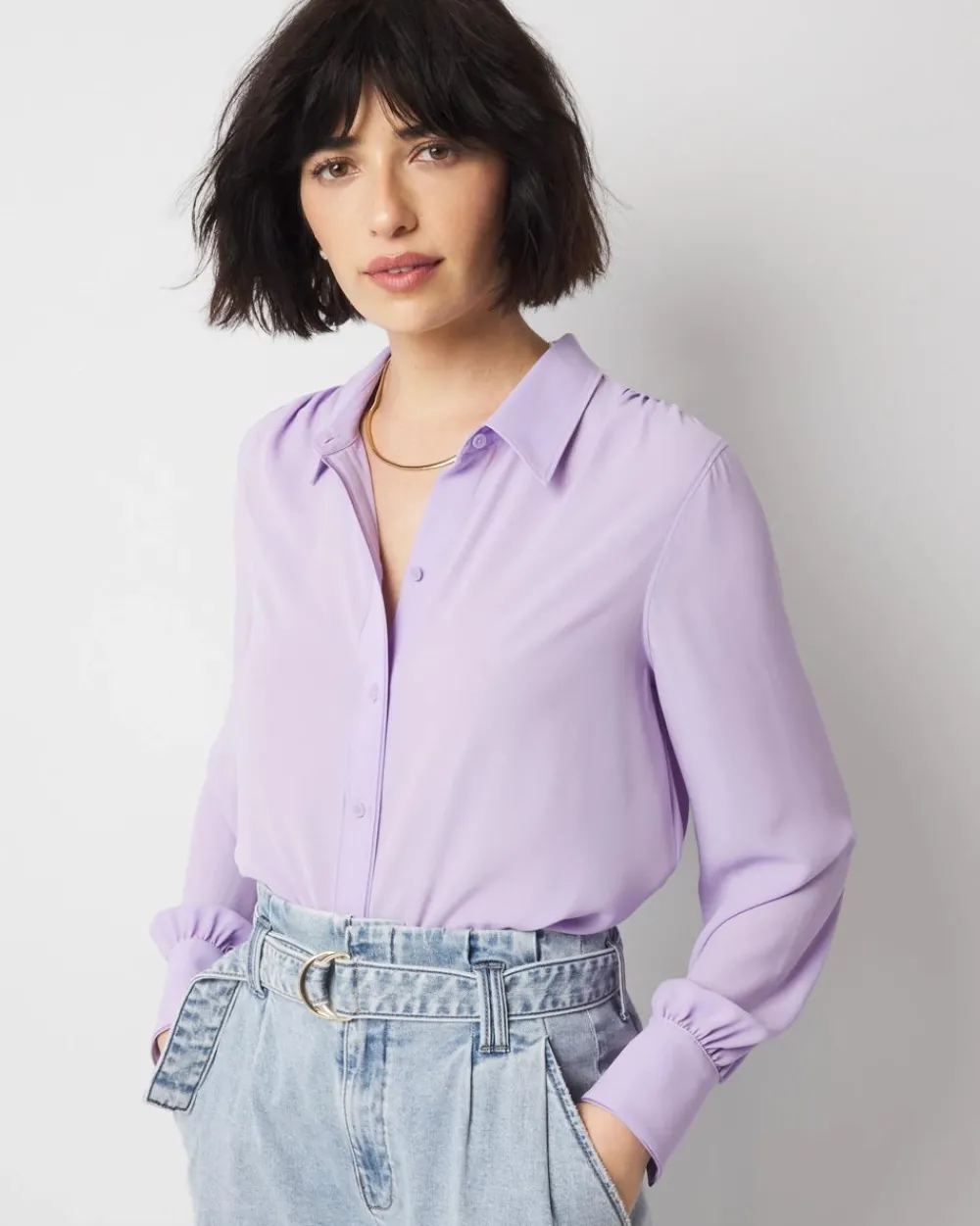 Petite Long Sleeve Soft Shirt with Piping*White House Black Market Hot