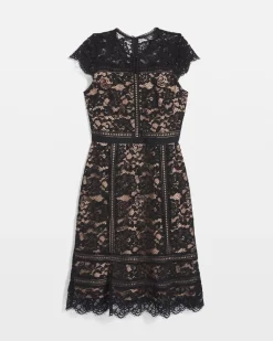 Petite Short Sleeve Lace Fit-and-Flare Dress*White House Black Market Clearance