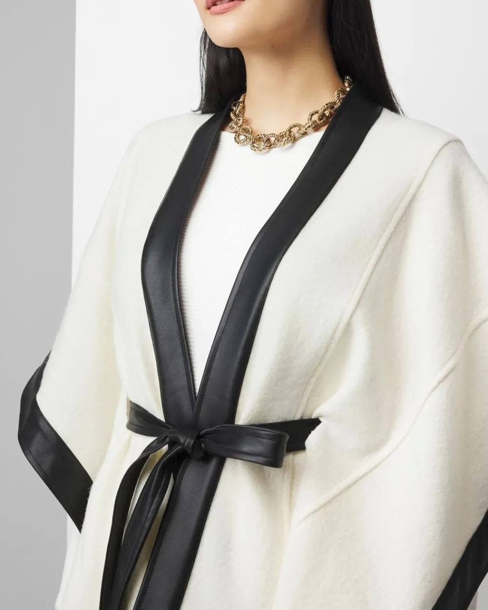 Wool Blend Ruana with Faux Leather Trim*White House Black Market Outlet