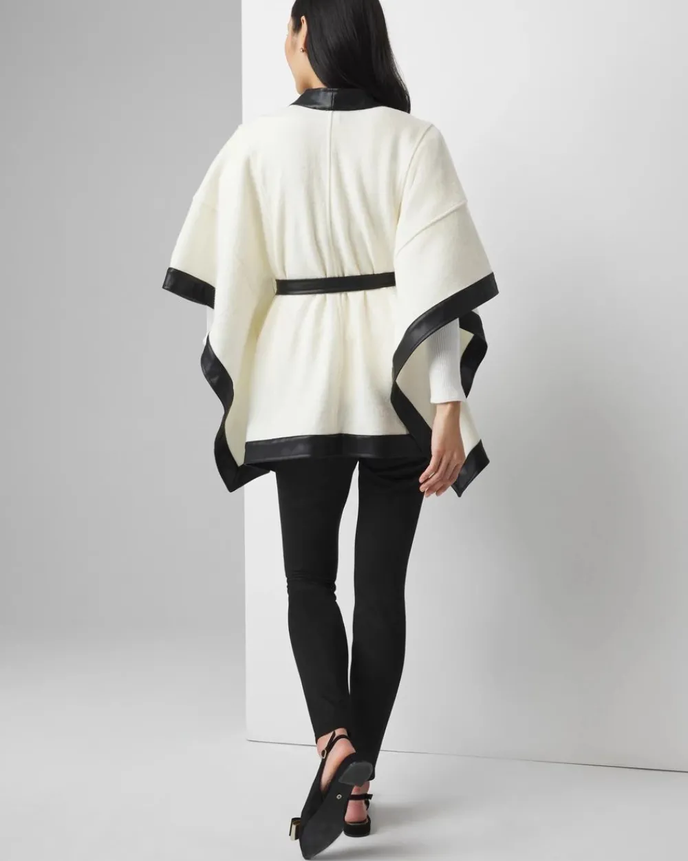 Wool Blend Ruana with Faux Leather Trim*White House Black Market Outlet